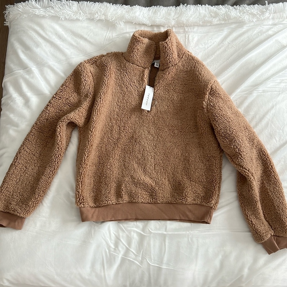 TOPSHOP NEW Fleece Pullover Brown Fuzzy Sweatshirt Women’s Sz 8 NEW NWT